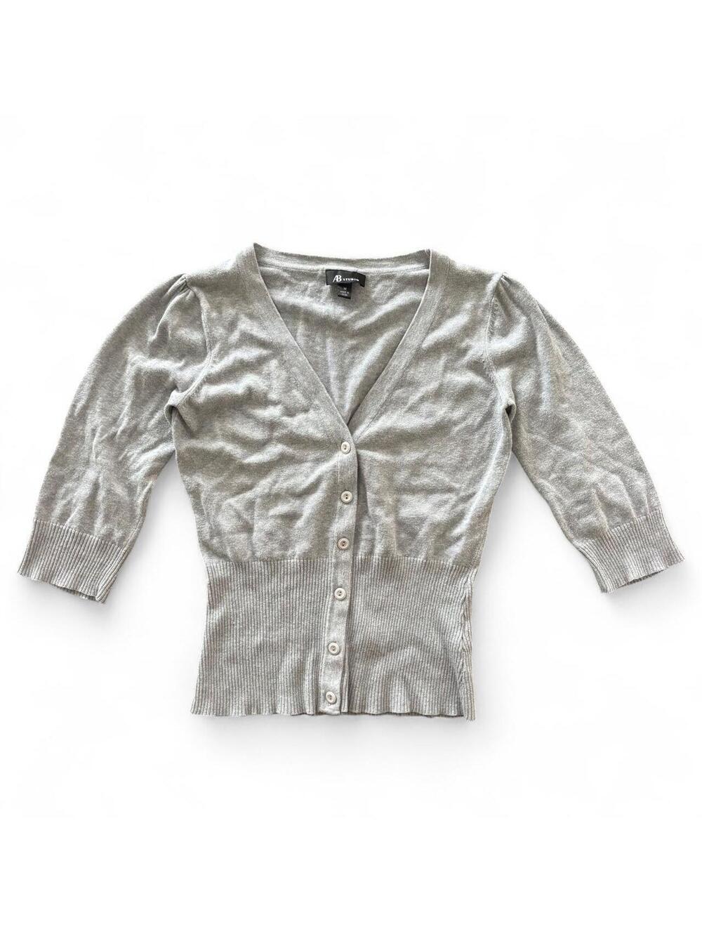 AB Studio Gray Ribbed Button Front Cardigan Sweater Size M